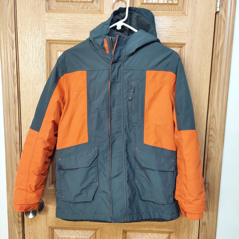 Lands End Squall Waterproof Hooded Jacket Gray Orange L 14H-16H Grow-A-Longs